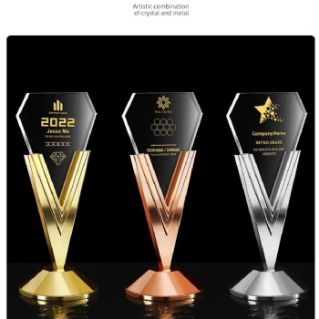 ADL Gold Silver Copper Three Colors Crystal Glass Trophy Awards Crafts with Metal Business Sports Events Trophy Awards