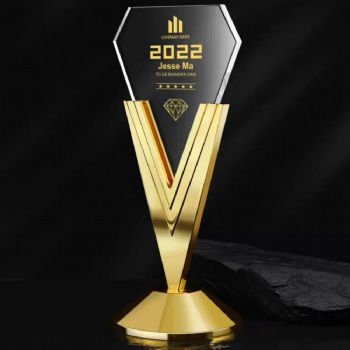 ADL Gold Silver Copper Three Colors Crystal Glass Trophy Awards Crafts with Metal Business Sports Events Trophy Awards
