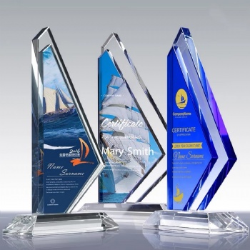 ADL Blue Crystal Glass Awards Trophy with Printed Sandblasting Engraving Customized Logo and Words Trophy from China