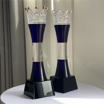 ADL Crown Crystal Glass Trophy with Blue Pillar Gold Crown for Performance Trophy No.1 Trophy Awards