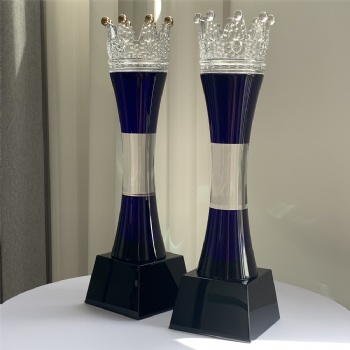 ADL Crown Crystal Glass Trophy with Blue Pillar Gold Crown for Performance Trophy No.1 Trophy Awards