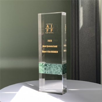 ADL Rectangle Crystal Glass Trophy with Green Stone for Customized Awards Customized Logo or Words