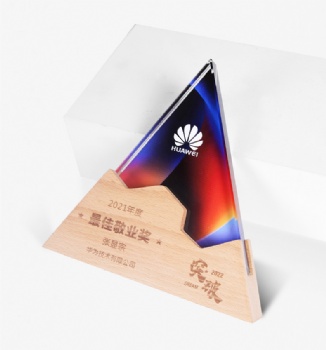ADL New Design High-Quality Triangle Shape Crystal Glass Awards Trophies with Wood Base Custom Logo