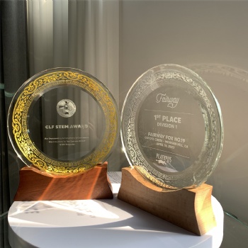 ADL New Design 2023 Crystal Glass Plate Shaped First Awards Trophies with Wooden Base for Souvenir Gifts