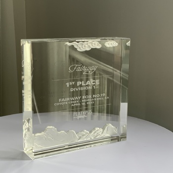 ADL 2024 New Design Crystal Clear White Glass Cuboid Square Trophy Awards with Sand Blast Logo Auspicious Clouds