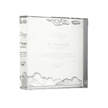 ADL 2024 New Design Crystal Clear White Glass Cuboid Square Trophy Awards with Sand Blast Logo Auspicious Clouds