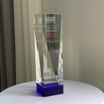 ADL 2023 Crystal Clear Glass Trophy Awards with Blue Base for Souvenir Gifts Big Block Crystal Glass Events Trophy