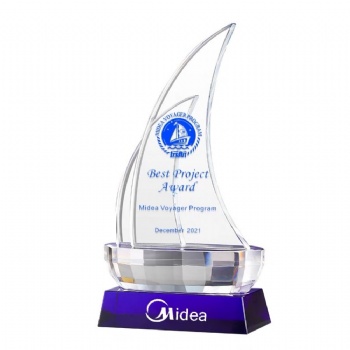 ADL New Design Blue Clear Crystal Glass Sailboat Trophy Awards for Company Awards Business Gifts