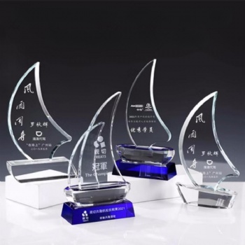 ADL New Design Blue Clear Crystal Glass Sailboat Trophy Awards for Company Awards Business Gifts