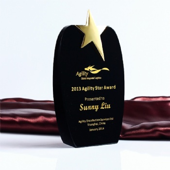 ADL Crystal Glass Trophy Award with Gold Star and Black Glass Crystal with Customized Words