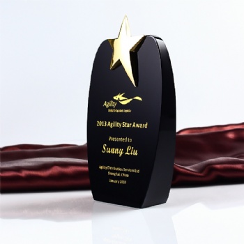 ADL Crystal Glass Trophy Award with Gold Star and Black Glass Crystal with Customized Words