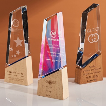 ADL New Design Crystal Glass Trophy with Beech Wooden with Colorful Background Customized Logo and Words for Activity Events