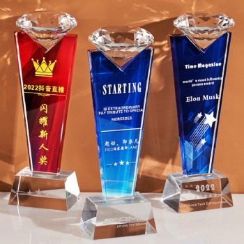 ADL New Design Crystal Diamond Crystal Glass Trophy Wholesales with Customized Logo Words Background for Sports Awards