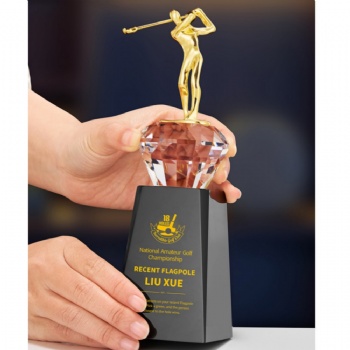 ADL Golf Crystal Glass Trophy Awards with Metal Black Crystal Glass Base for Honorary Award Customized Words Sports Awards