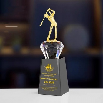 ADL Golf Crystal Glass Trophy Awards with Metal Black Crystal Glass Base for Honorary Award Customized Words Sports Awards