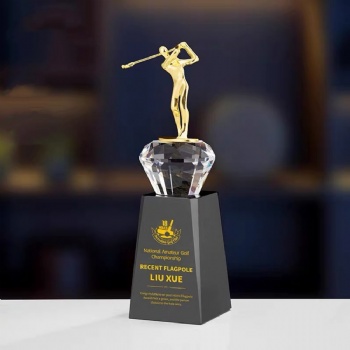 ADL Golf Crystal Glass Trophy Awards with Metal Black Crystal Glass Base for Honorary Award Customized Words Sports Awards