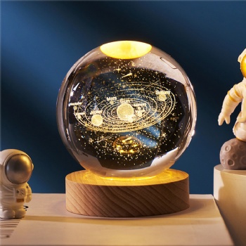 ADL Handmade Crystal Glass Sandblasting Crafts Balls with Wooden Light Base Fairy for Souvenir Business Gifts Engrave Laser