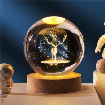 ADL Handmade Crystal Glass Sandblasting Crafts Balls with Wooden Light Base Fairy for Souvenir Business Gifts Engrave Laser
