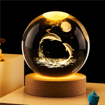 ADL Handmade Crystal Glass Sandblasting Crafts Balls with Wooden Light Base Fairy for Souvenir Business Gifts Engrave Laser