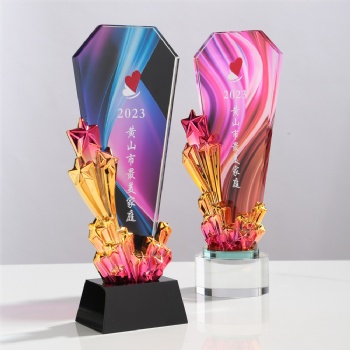 New Design Crystal Glass Star Trophy Awards with Wooden Base Customized Laser Logo Color Painted Background Business Gifts