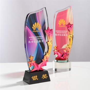 New Design Crystal Glass Star Trophy Awards with Wooden Base Customized Laser Logo Color Painted Background Business Gifts