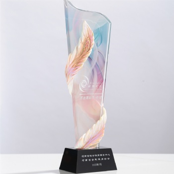 New Design Crystal Glass Star Trophy Awards with Wooden Base Customized Laser Logo Color Painted Background Business Gifts