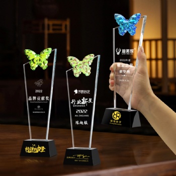 Manufacturer direct Sales new design Crystal Glass Trophy with Butterfly for Souvenir Gifts Awards