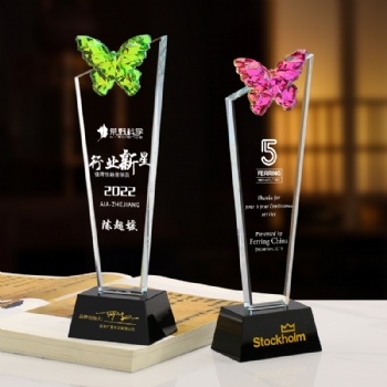 Manufacturer direct Sales new design Crystal Glass Trophy with Butterfly for Souvenir Gifts Awards