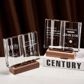 ADL Classic Wooden Plaques Book Trophy Awards Crystal Glass Laser Trophy with Engraved Customized Logo Words Trophy for Souvenir