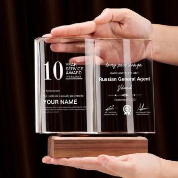ADL Classic Wooden Plaques Book Trophy Awards Crystal Glass Laser Trophy with Engraved Customized Logo Words Trophy for Souvenir