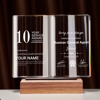 ADL Classic Wooden Plaques Book Trophy Awards Crystal Glass Laser Trophy with Engraved Customized Logo Words Trophy for Souvenir
