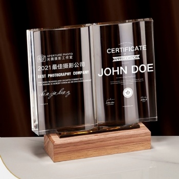 ADL Classic Wooden Plaques Book Trophy Awards Crystal Glass Laser Trophy with Engraved Customized Logo Words Trophy for Souvenir