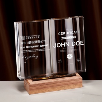 ADL Classic Wooden Plaques Book Trophy Awards Crystal Glass Laser Trophy with Engraved Customized Logo Words Trophy for Souvenir